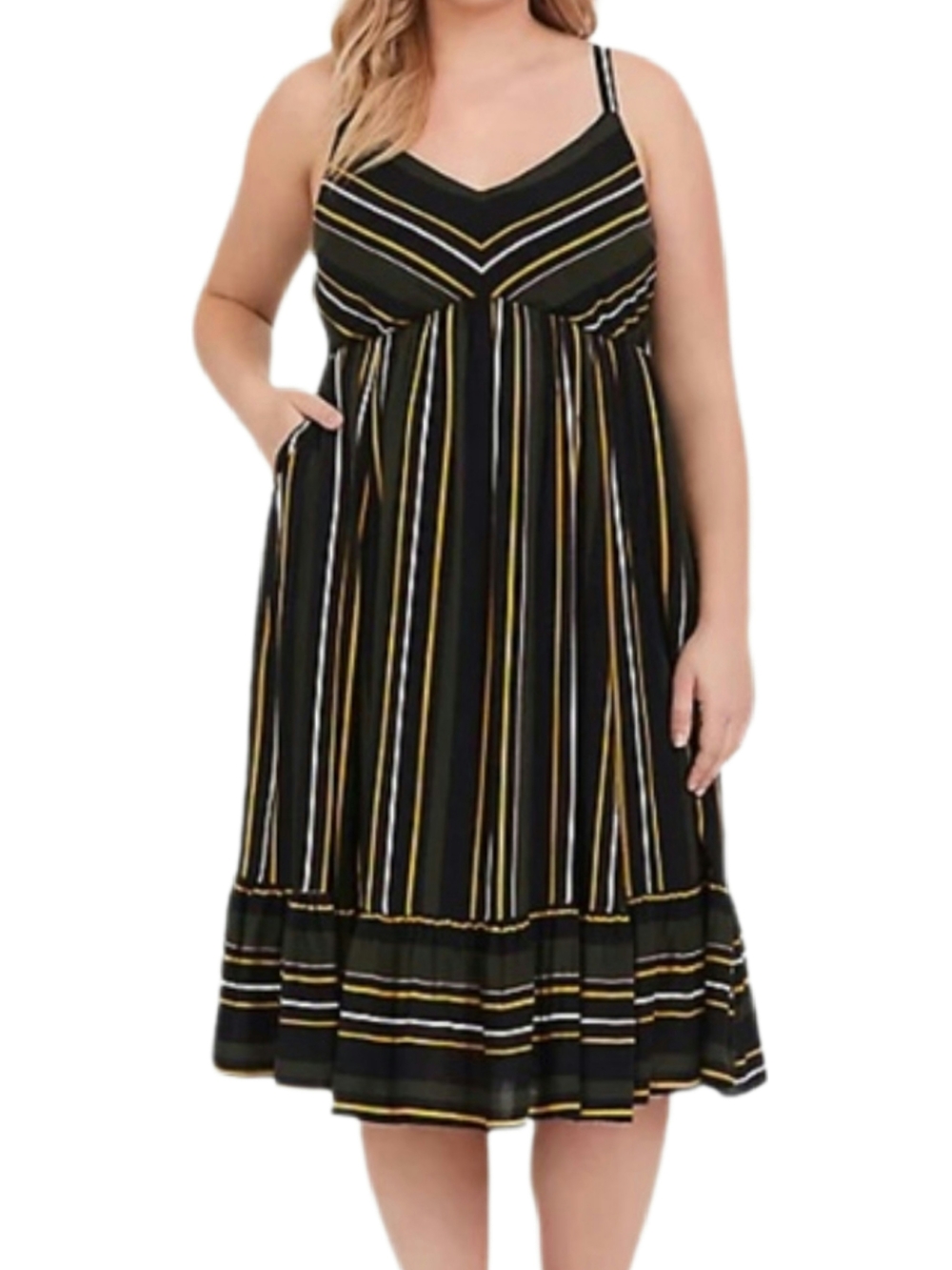 torrid Black Striped V-Neck Midi Dress with Yellow, Dark Green, & White Stripes